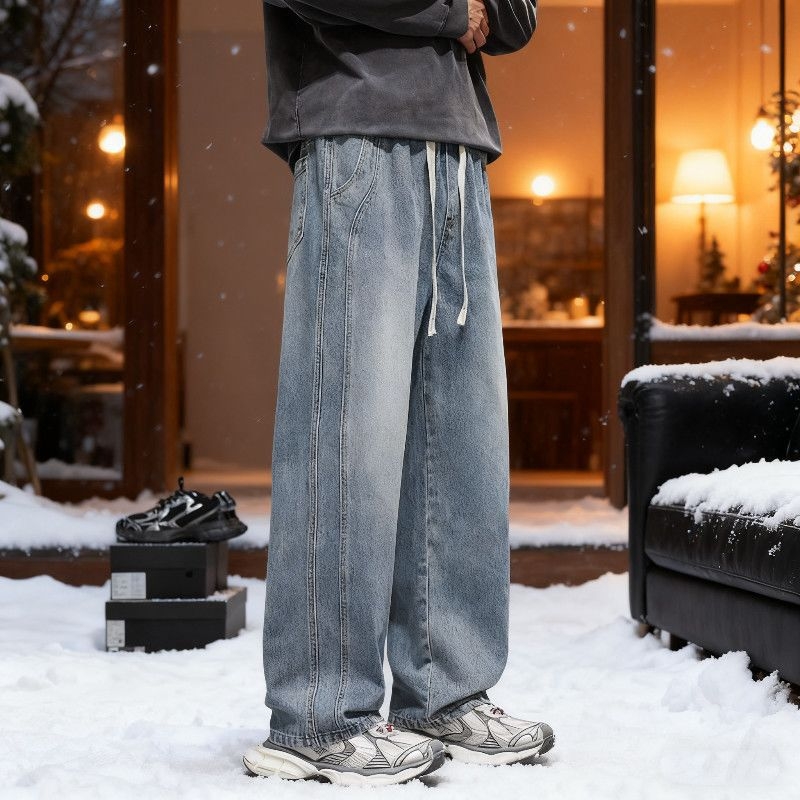 Jeansi bărbătești cu căptușeală fleece, groși, talie medie, croială dreaptă, căptuire de catifea pentru iarnă