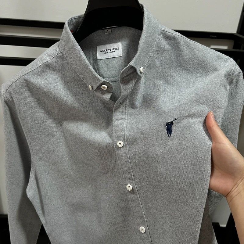 Cămașă bărbați cu mânecă lungă, 100% bumbac, guler cu nasturi, stil de afaceri, primăvara 2025