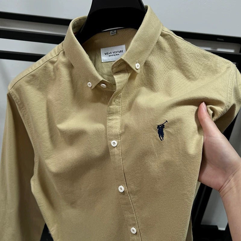 Cămașă bărbați cu mânecă lungă, 100% bumbac, guler cu nasturi, stil de afaceri, primăvara 2025