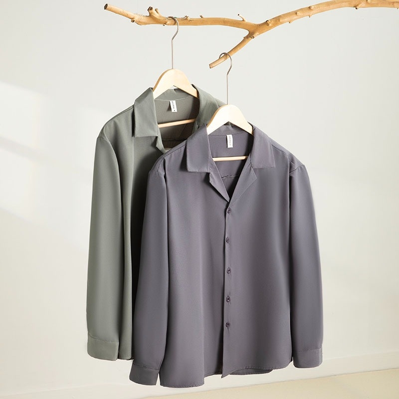 Marškiniai su kubano apykakle, ilgos rankovės, laisvas kirpimas, britų stilius, viskozės mišinio audinys