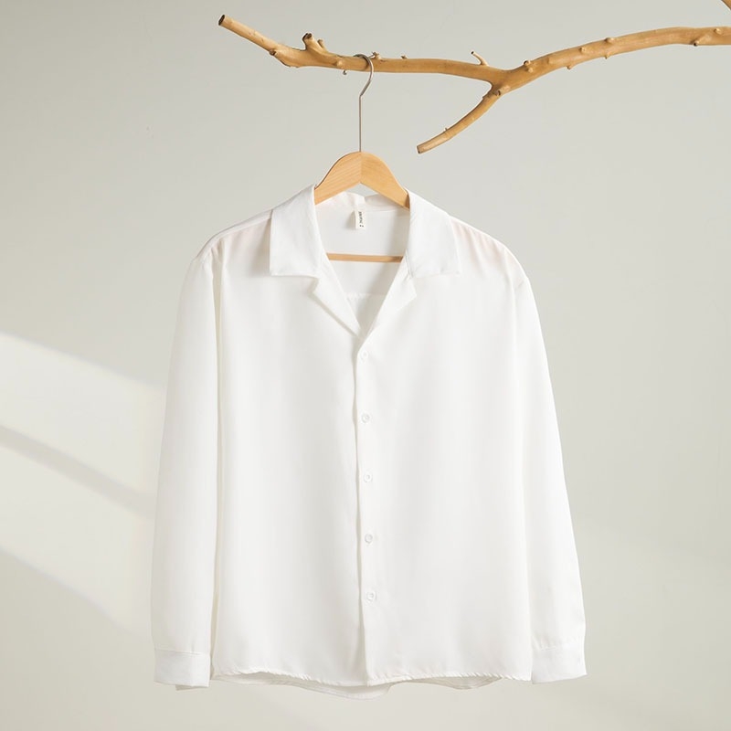 Marškiniai su kubano apykakle, ilgos rankovės, laisvas kirpimas, britų stilius, viskozės mišinio audinys