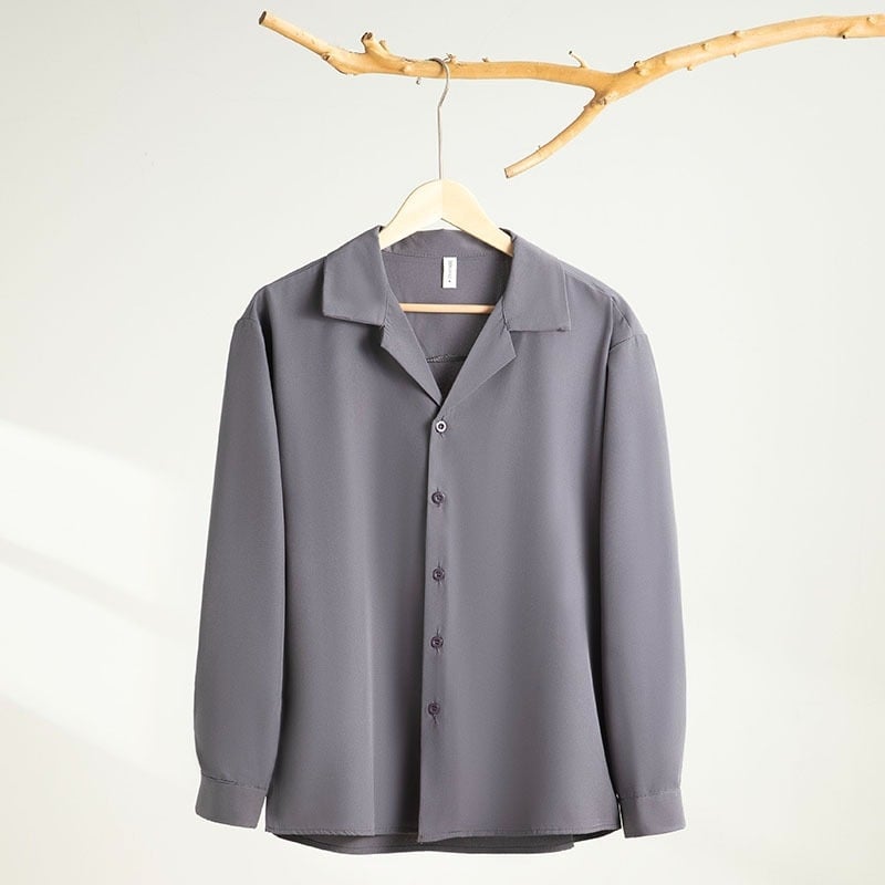 Marškiniai su kubano apykakle, ilgos rankovės, laisvas kirpimas, britų stilius, viskozės mišinio audinys