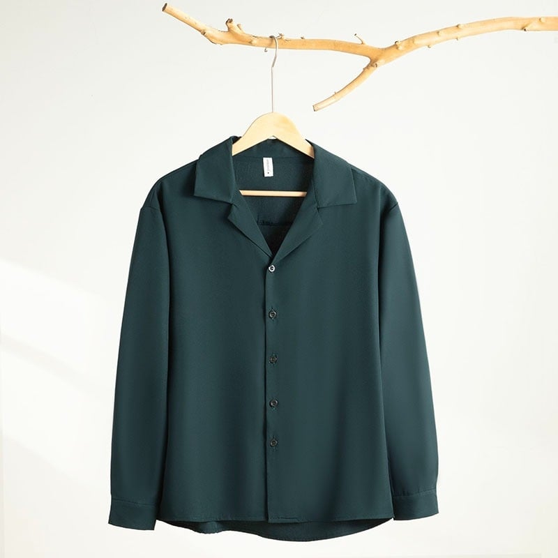 Marškiniai su kubano apykakle, ilgos rankovės, laisvas kirpimas, britų stilius, viskozės mišinio audinys