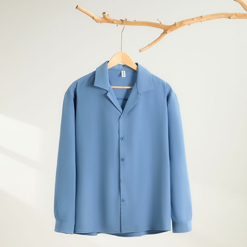 Marškiniai su kubano apykakle, ilgos rankovės, laisvas kirpimas, britų stilius, viskozės mišinio audinys