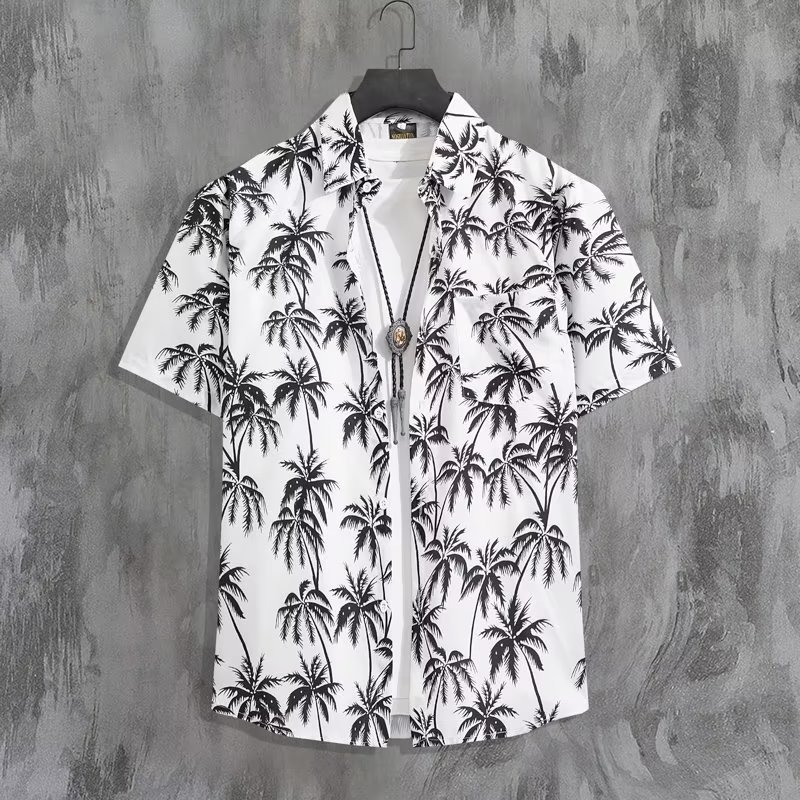 Vyrų trumpomis rankovėmis marškiniai su gėlių spauda, laisvas kirpimas, pagrindinis audinys poliesteris 90%