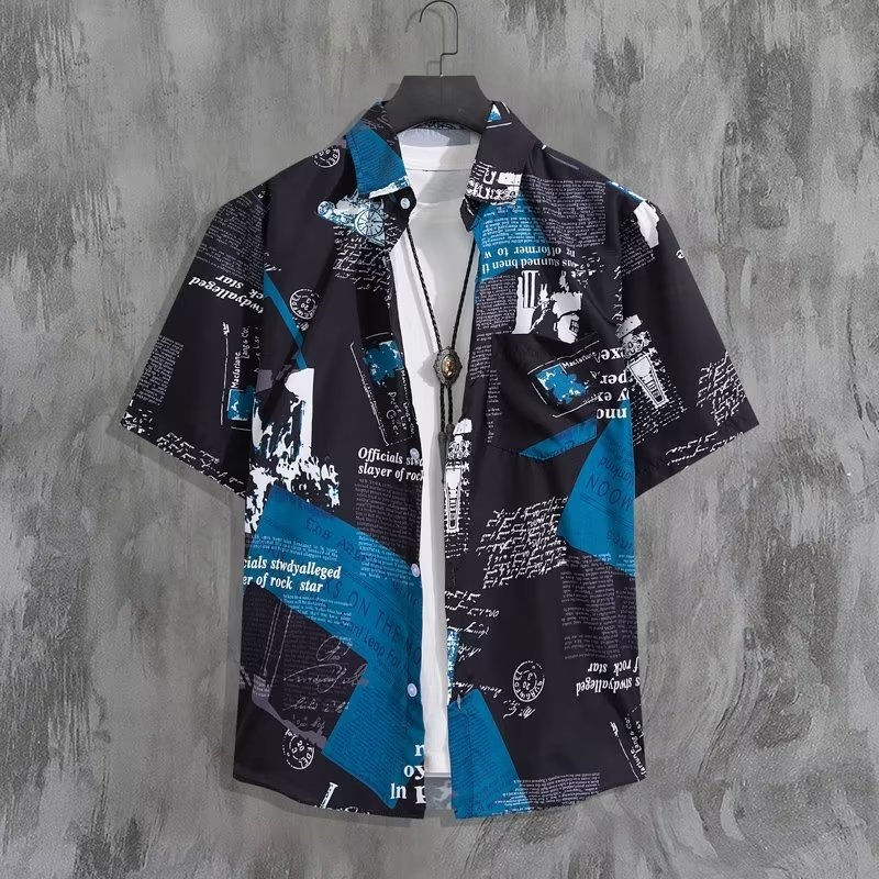 Vyrų trumpomis rankovėmis marškiniai su gėlių spauda, laisvas kirpimas, pagrindinis audinys poliesteris 90%