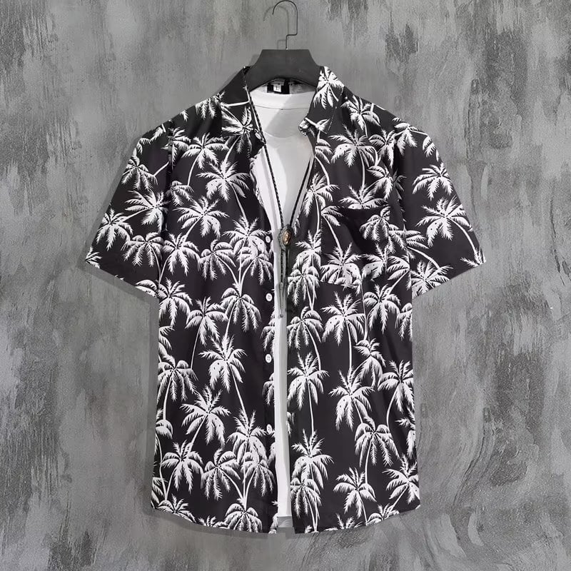 Vyrų trumpomis rankovėmis marškiniai su gėlių spauda, laisvas kirpimas, pagrindinis audinys poliesteris 90%