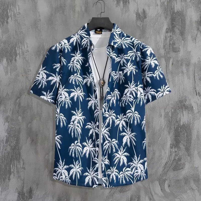 Vyrų trumpomis rankovėmis marškiniai su gėlių spauda, laisvas kirpimas, pagrindinis audinys poliesteris 90%