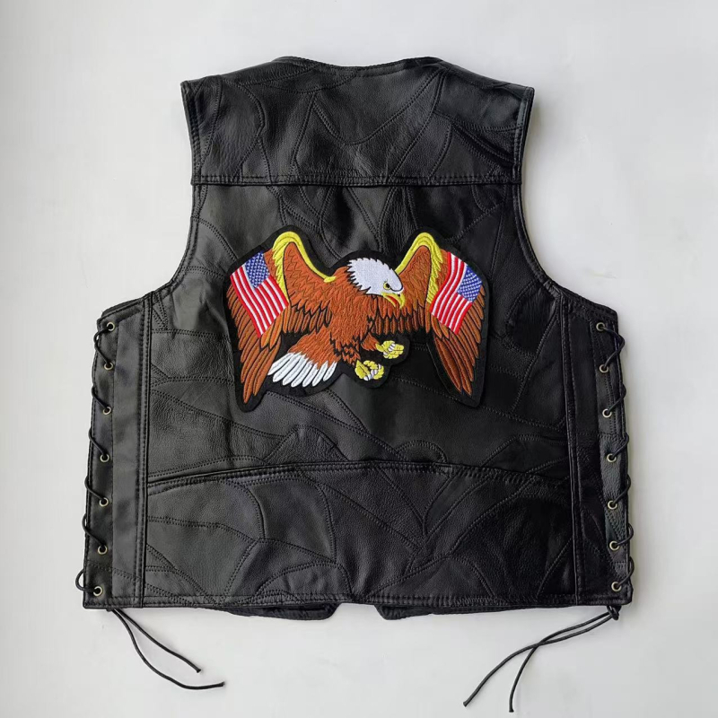 Vestă de motocicletă din piele patchwork, pentru bărbați, în stil european-american, pentru toate anotimpurile, cu embleme brodate