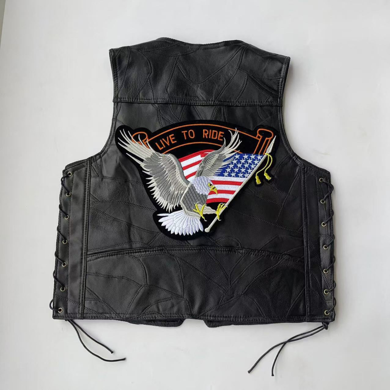 Vestă de motocicletă din piele patchwork, pentru bărbați, în stil european-american, pentru toate anotimpurile, cu embleme brodate