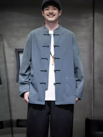 Ilgos rankovės marškiniai iš kanapių-pamato mišinio, Kinijos vėjo kardigano stilius, stovimas kaklas, 91–95% medvilnė
