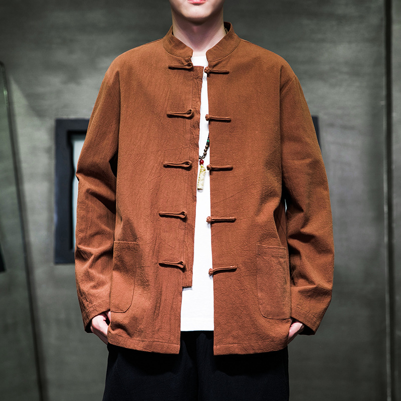 Ilgos rankovės marškiniai iš kanapių-pamato mišinio, Kinijos vėjo kardigano stilius, stovimas kaklas, 91–95% medvilnė