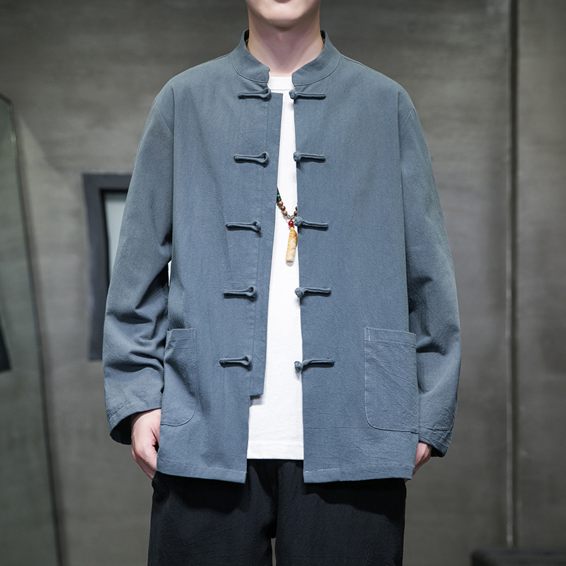 Ilgos rankovės marškiniai iš kanapių-pamato mišinio, Kinijos vėjo kardigano stilius, stovimas kaklas, 91–95% medvilnė