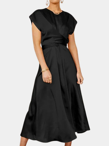 Сатенена безръкавна дълга рокля с флорален принт, А-линиен силует, U-образно деколте, еластична талия