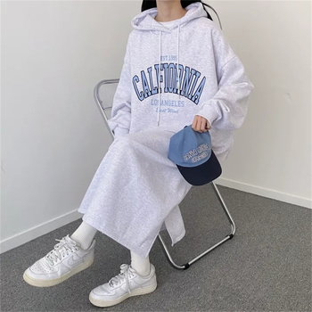 Памучна рокля-суитшър с качулка, флисово подплатена, средна дължина, А-линия, дълги ръкави