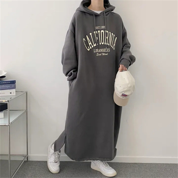 Памучна рокля-суитшър с качулка, флисово подплатена, средна дължина, А-линия, дълги ръкави