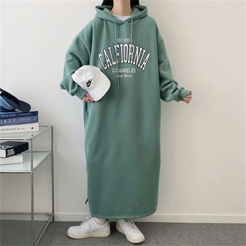 Памучна рокля-суитшър с качулка, флисово подплатена, средна дължина, А-линия, дълги ръкави