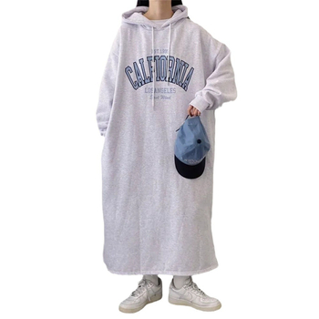 Памучна рокля-суитшър с качулка, флисово подплатена, средна дължина, А-линия, дълги ръкави