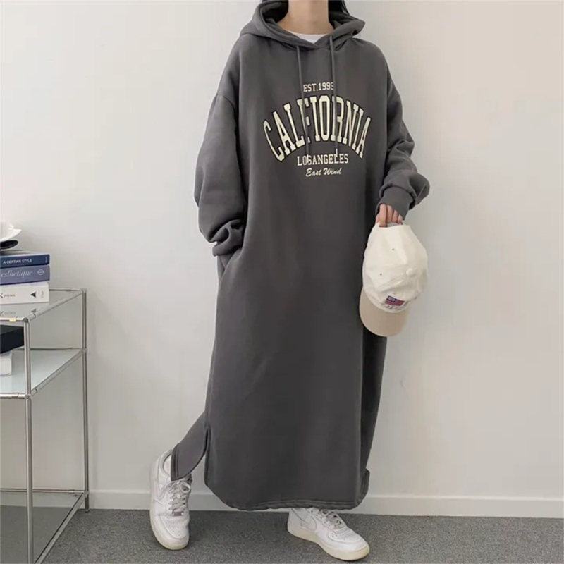 Памучна рокля-суитшър с качулка, флисово подплатена, средна дължина, А-линия, дълги ръкави