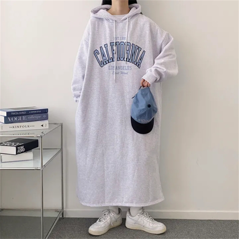 Памучна рокля-суитшър с качулка, флисово подплатена, средна дължина, А-линия, дълги ръкави
