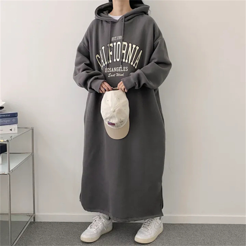 Памучна рокля-суитшър с качулка, флисово подплатена, средна дължина, А-линия, дълги ръкави