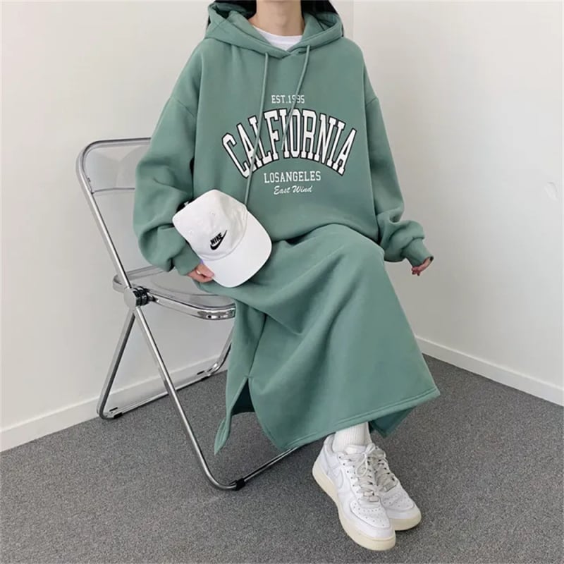 Памучна рокля-суитшър с качулка, флисово подплатена, средна дължина, А-линия, дълги ръкави