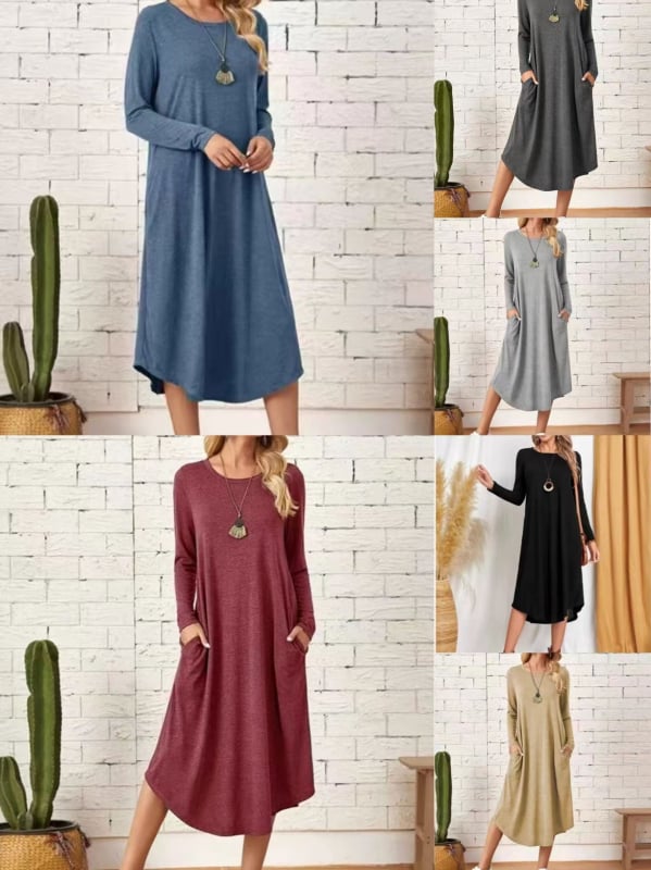 Рокля от млечна коприна, едноцветна, кръгло деколте, дълги ръкави, дълга пола