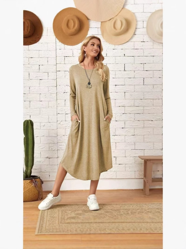 Рокля от млечна коприна, едноцветна, кръгло деколте, дълги ръкави, дълга пола