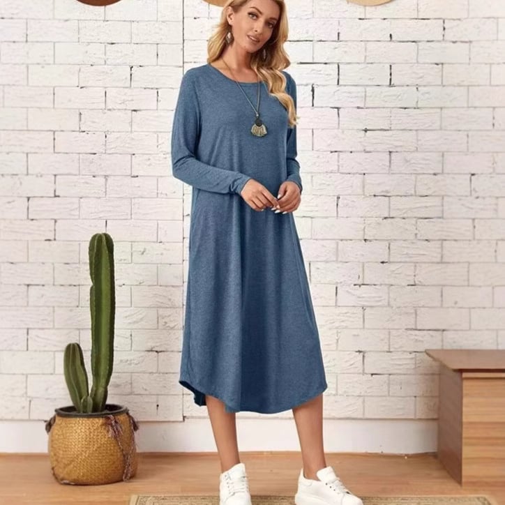 Рокля от млечна коприна, едноцветна, кръгло деколте, дълги ръкави, дълга пола