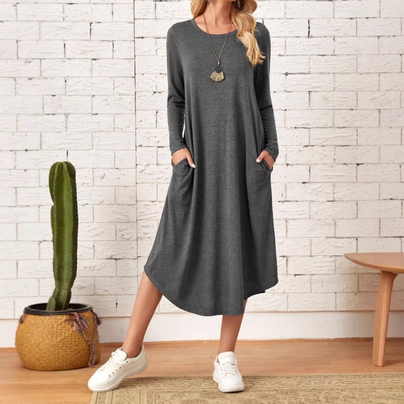 Рокля от млечна коприна, едноцветна, кръгло деколте, дълги ръкави, дълга пола