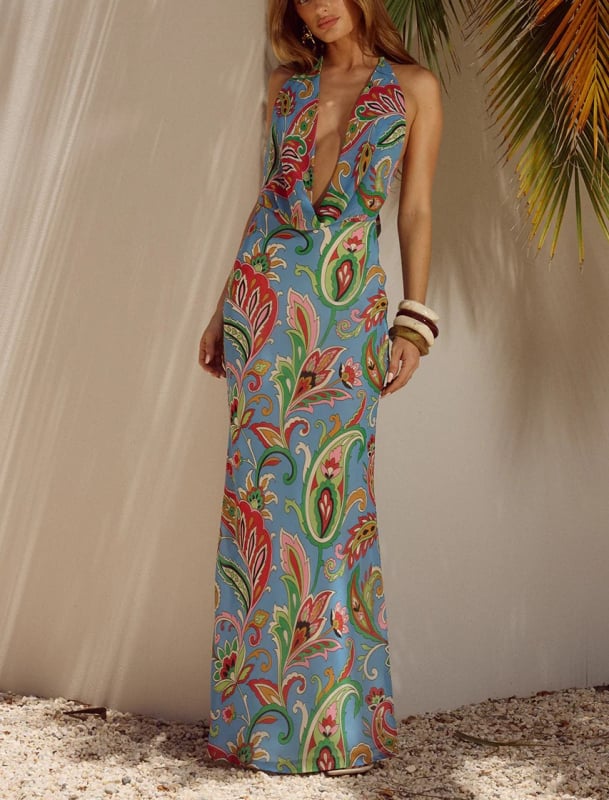 Дълга полиестерова рокля с халтер, без ръкави, висока талия