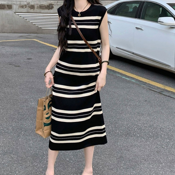 Рокля без ръкави в райета, корейски стил, лятна трикотажна рокля с еластична талия, средна дължина