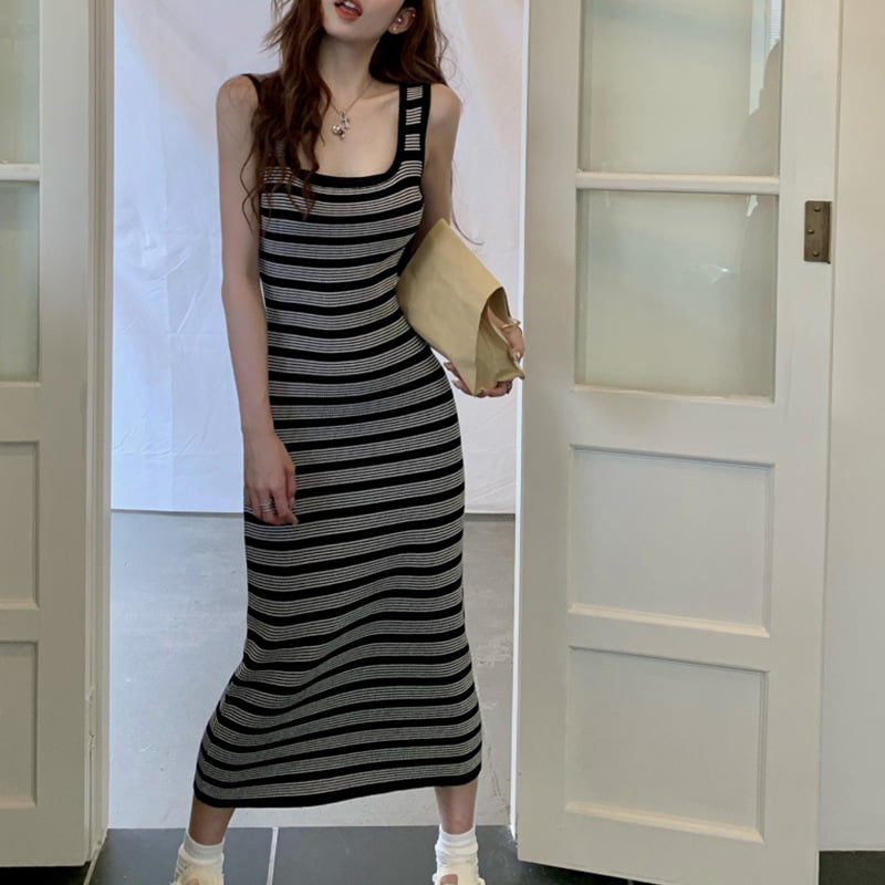 Рокля без ръкави в райета, корейски стил, лятна трикотажна рокля с еластична талия, средна дължина