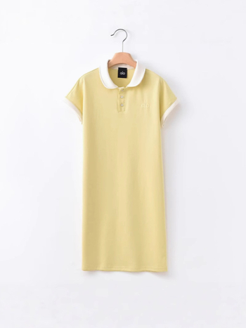 Рокля с бродирани букви, поло яка, памучна тъкан, къси ръкави, дълга пола