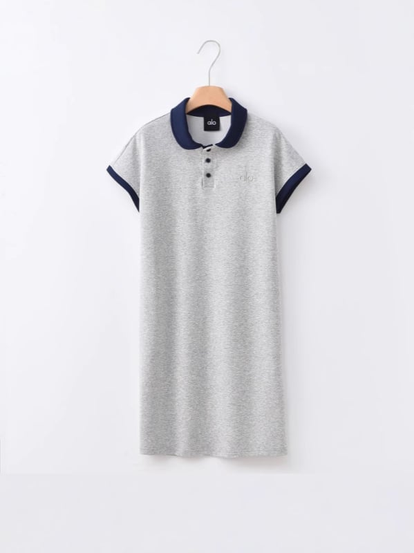 Рокля с бродирани букви, поло яка, памучна тъкан, къси ръкави, дълга пола