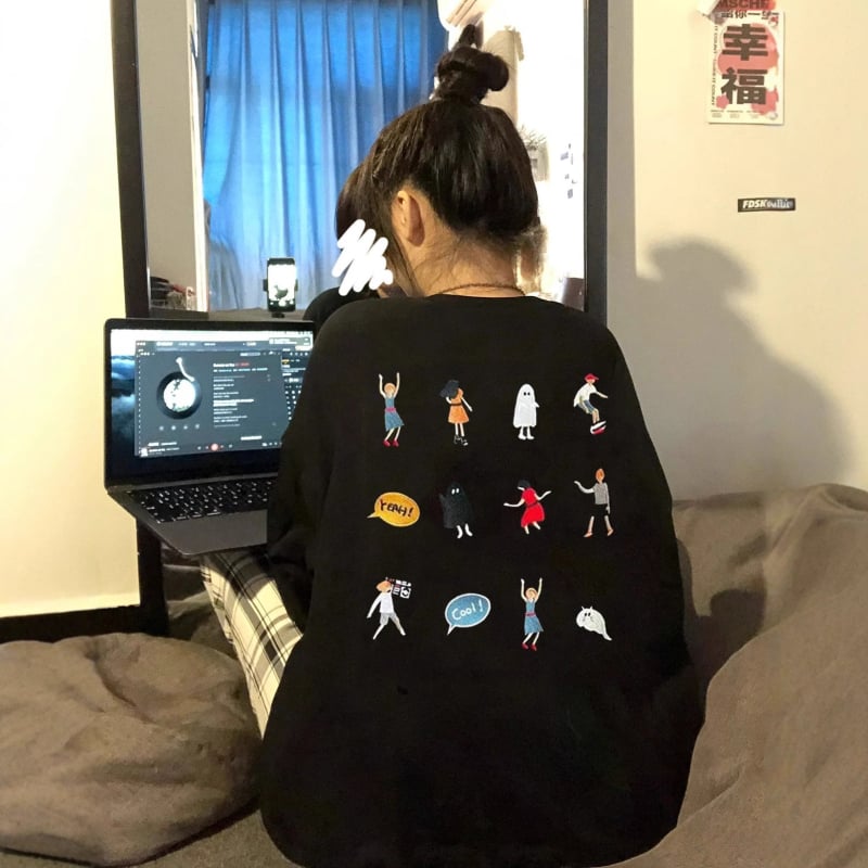ADERH fleece dukserica s vezenom karikaturom, okrugli izrez, široki kroj, unisex