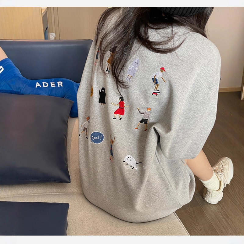 ADERH fleece dukserica s vezenom karikaturom, okrugli izrez, široki kroj, unisex
