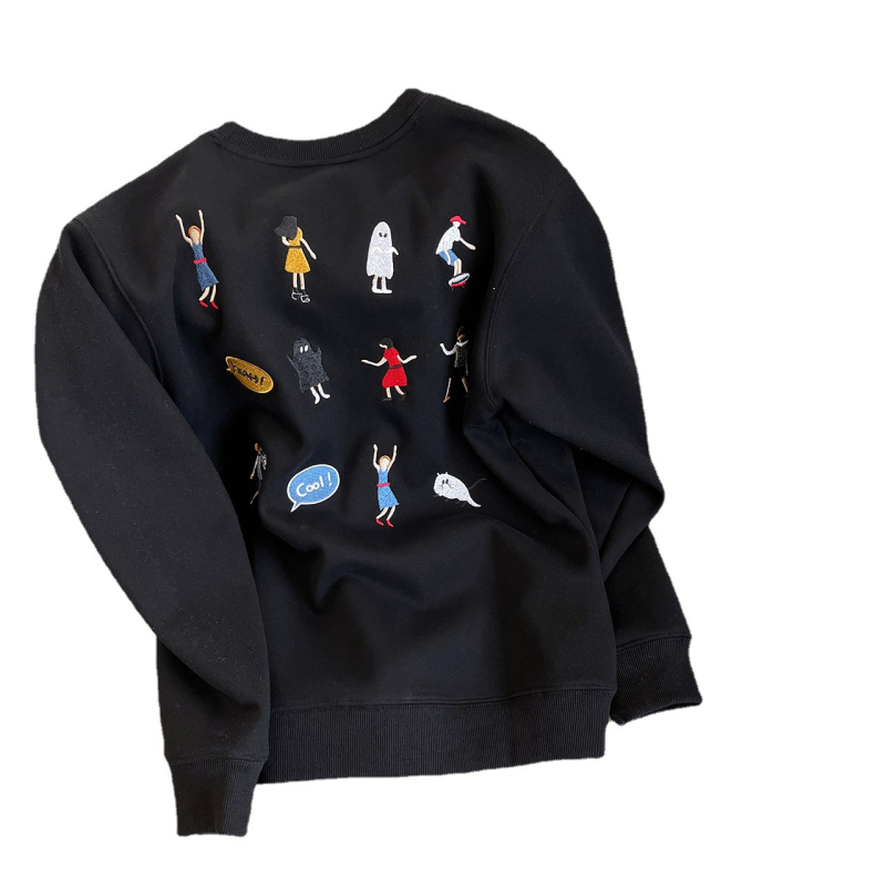 ADERH fleece dukserica s vezenom karikaturom, okrugli izrez, široki kroj, unisex