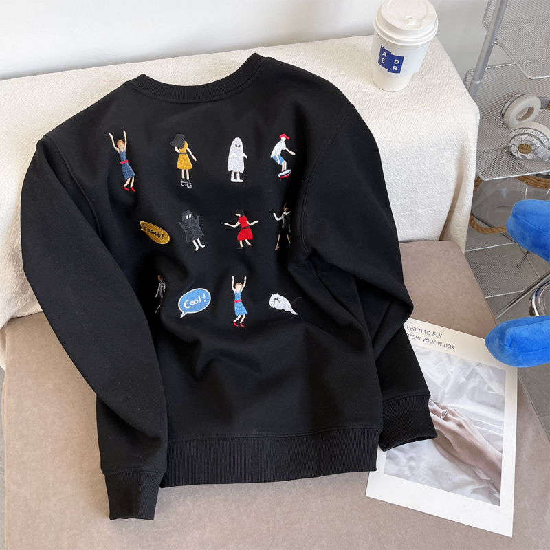 ADERH fleece dukserica s vezenom karikaturom, okrugli izrez, široki kroj, unisex