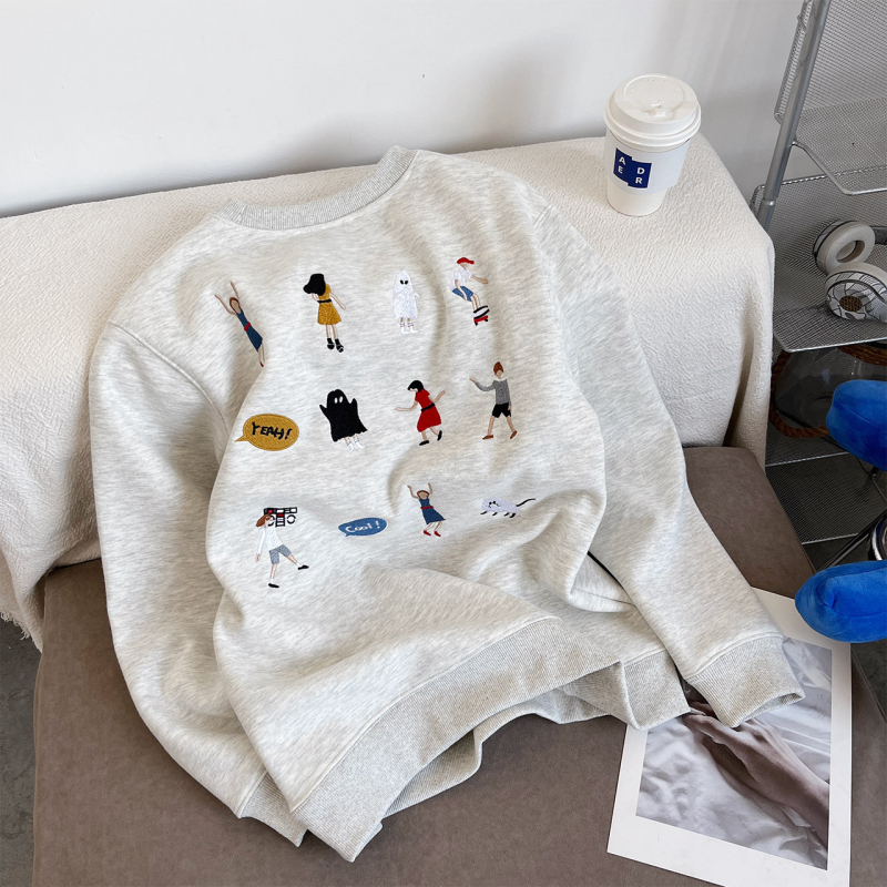 ADERH fleece dukserica s vezenom karikaturom, okrugli izrez, široki kroj, unisex