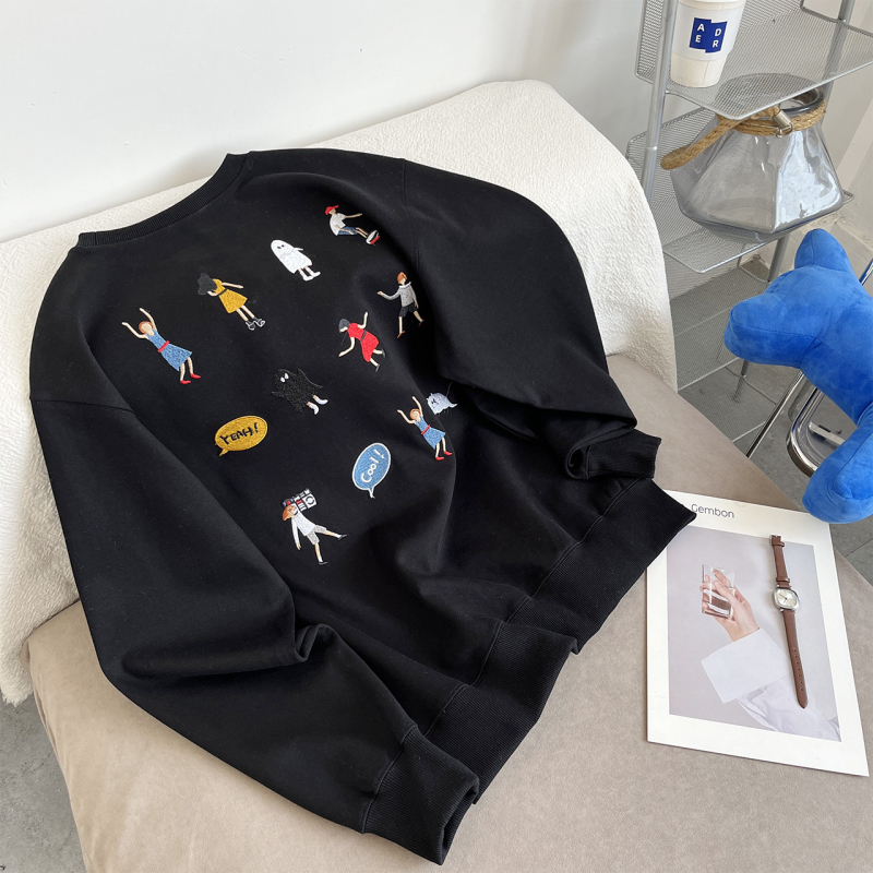 ADERH fleece dukserica s vezenom karikaturom, okrugli izrez, široki kroj, unisex