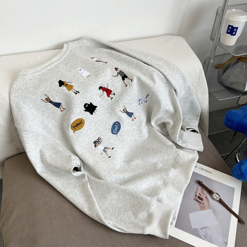 ADERH fleece dukserica s vezenom karikaturom, okrugli izrez, široki kroj, unisex