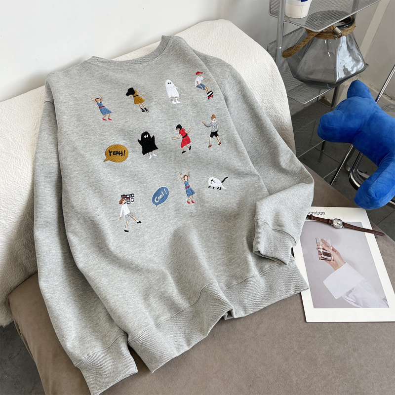 ADERH fleece dukserica s vezenom karikaturom, okrugli izrez, široki kroj, unisex