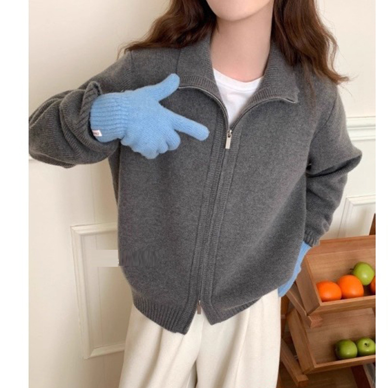 Cardigan dama cu fermoar, amestec viscose-poliester, guler semi-turtleneck, mâneci lungi, croială lejeră