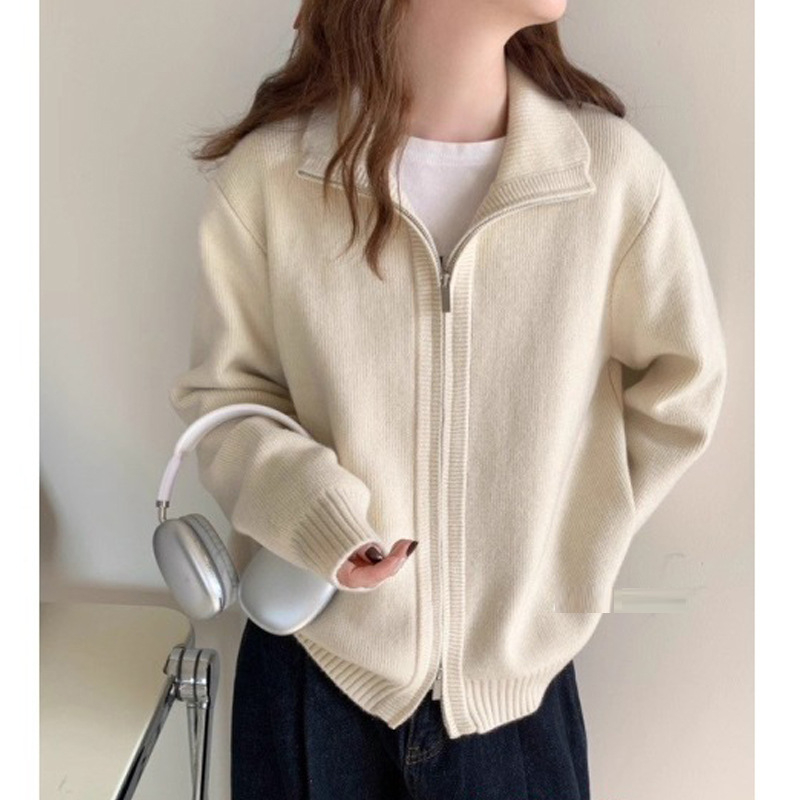 Cardigan dama cu fermoar, amestec viscose-poliester, guler semi-turtleneck, mâneci lungi, croială lejeră