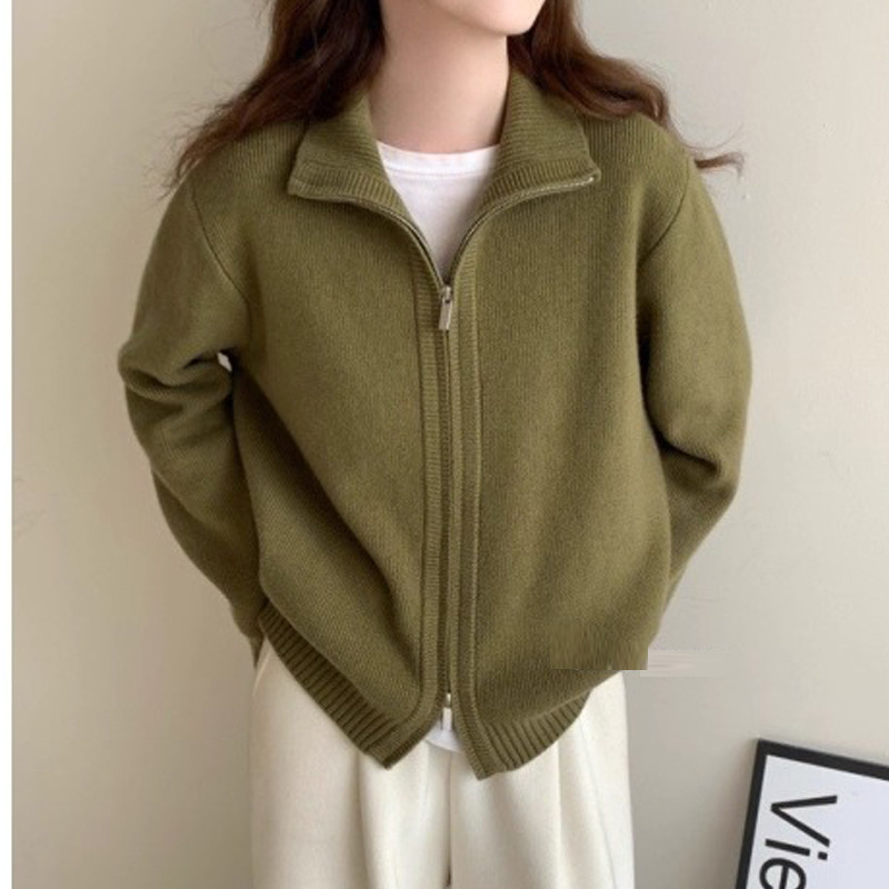 Cardigan dama cu fermoar, amestec viscose-poliester, guler semi-turtleneck, mâneci lungi, croială lejeră