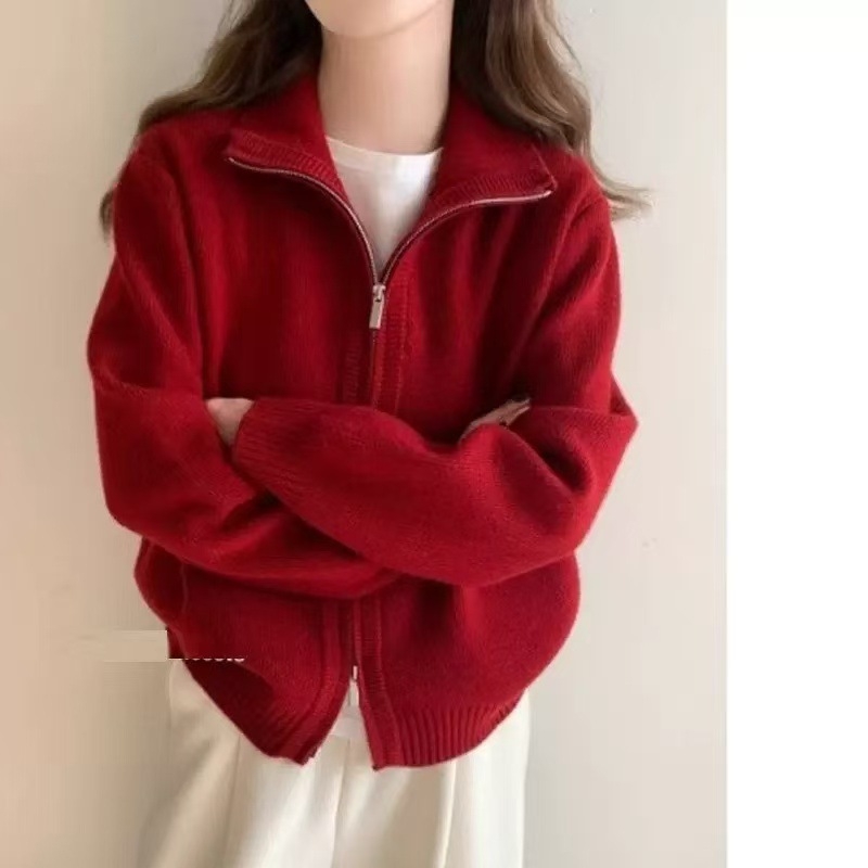 Cardigan dama cu fermoar, amestec viscose-poliester, guler semi-turtleneck, mâneci lungi, croială lejeră