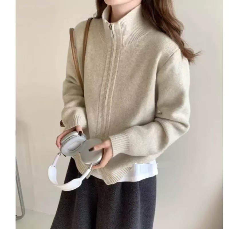 Cardigan dama cu fermoar, amestec viscose-poliester, guler semi-turtleneck, mâneci lungi, croială lejeră