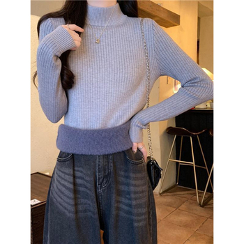 Naistepullover pool-kõrge kaelusega, viskooskiududest, sametise tekstuuriga, pikad varrukad