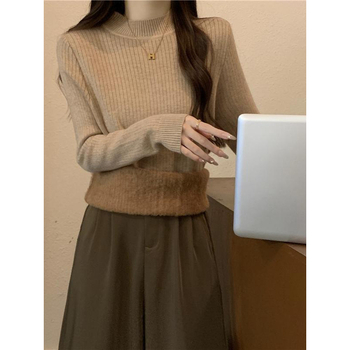 Naistepullover pool-kõrge kaelusega, viskooskiududest, sametise tekstuuriga, pikad varrukad